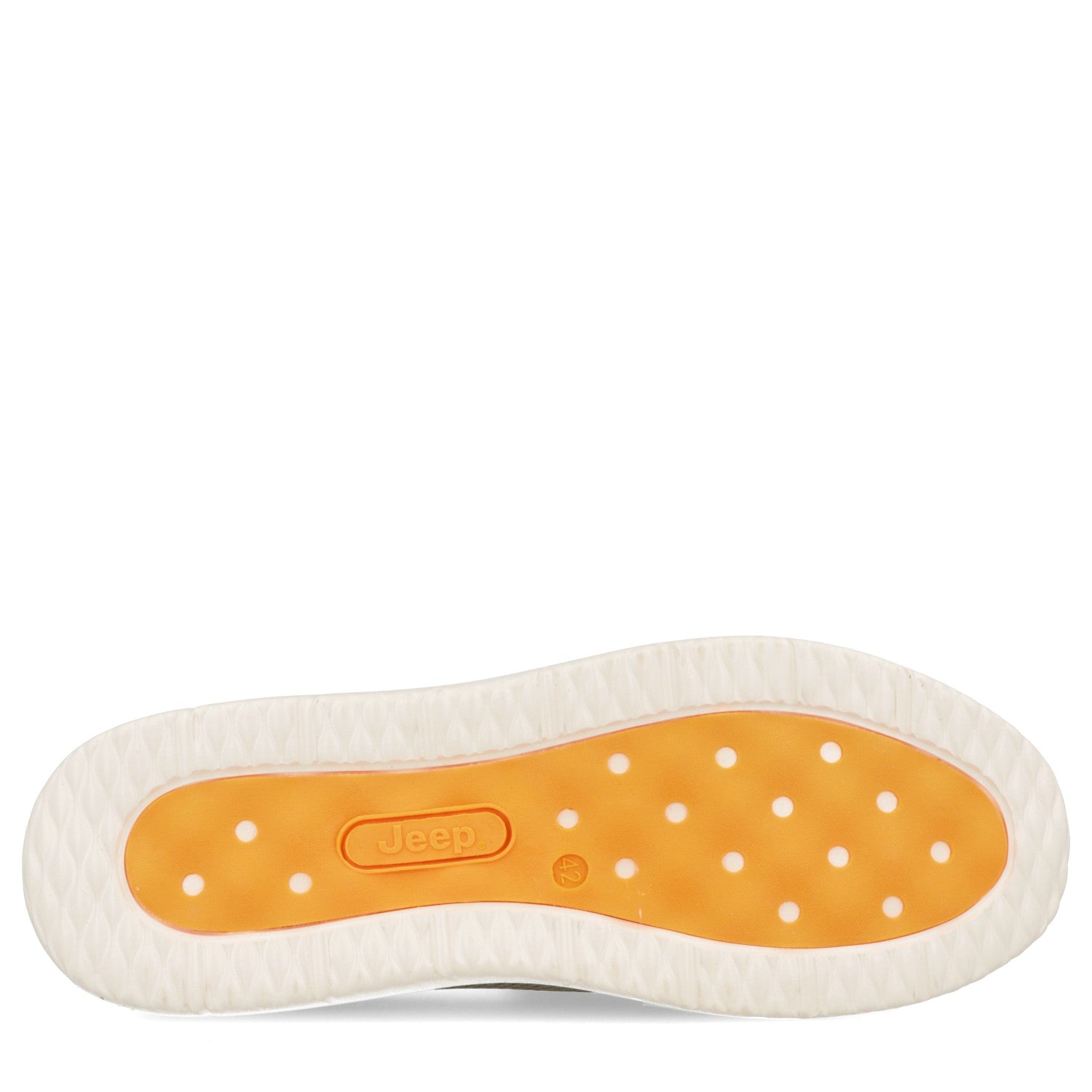 Orange and white shoe sole with Jeep logo