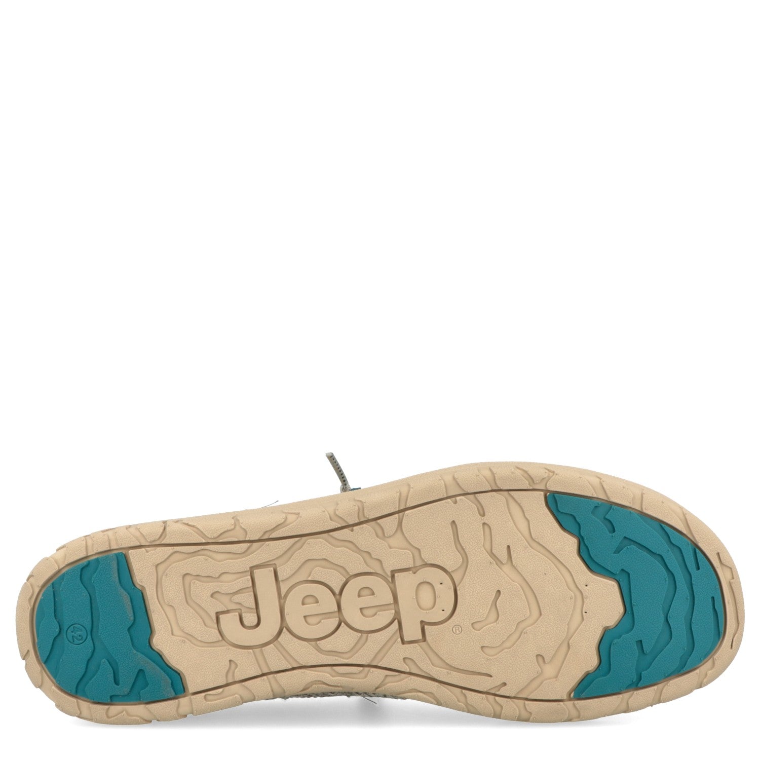 Beige and Blue shoe sole with Jeep logo