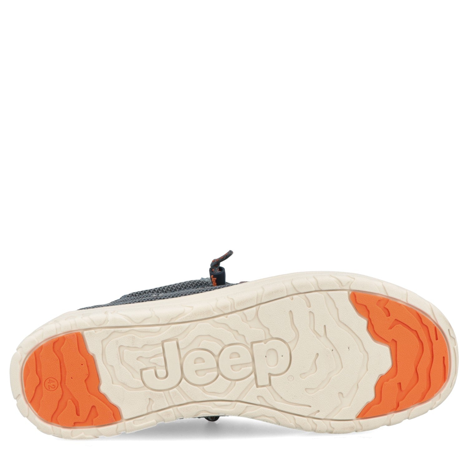 White and orange shoe sole with Jeep logo