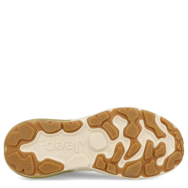 Brown and beige shoe sole with Jeep logo