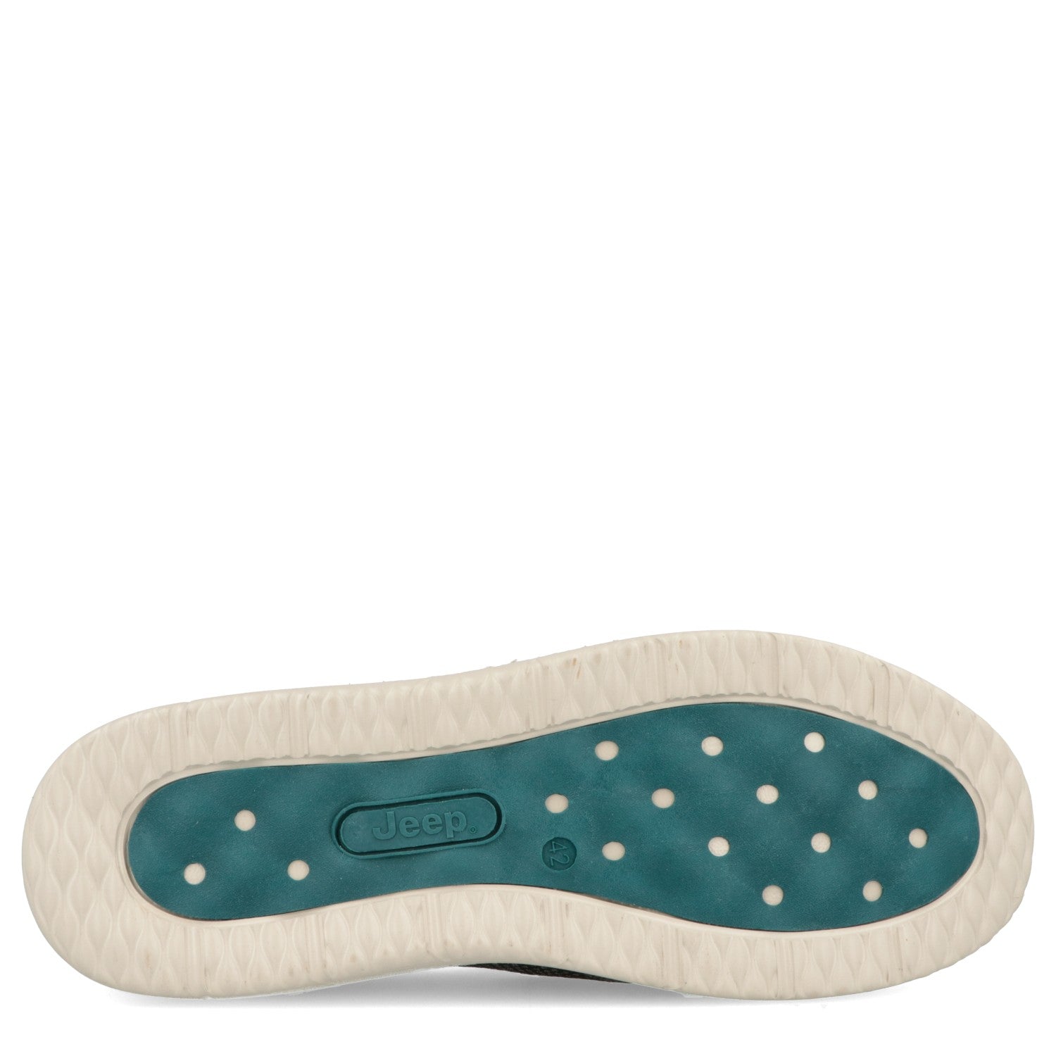 White and blue Shoe sole with Jeep logo
