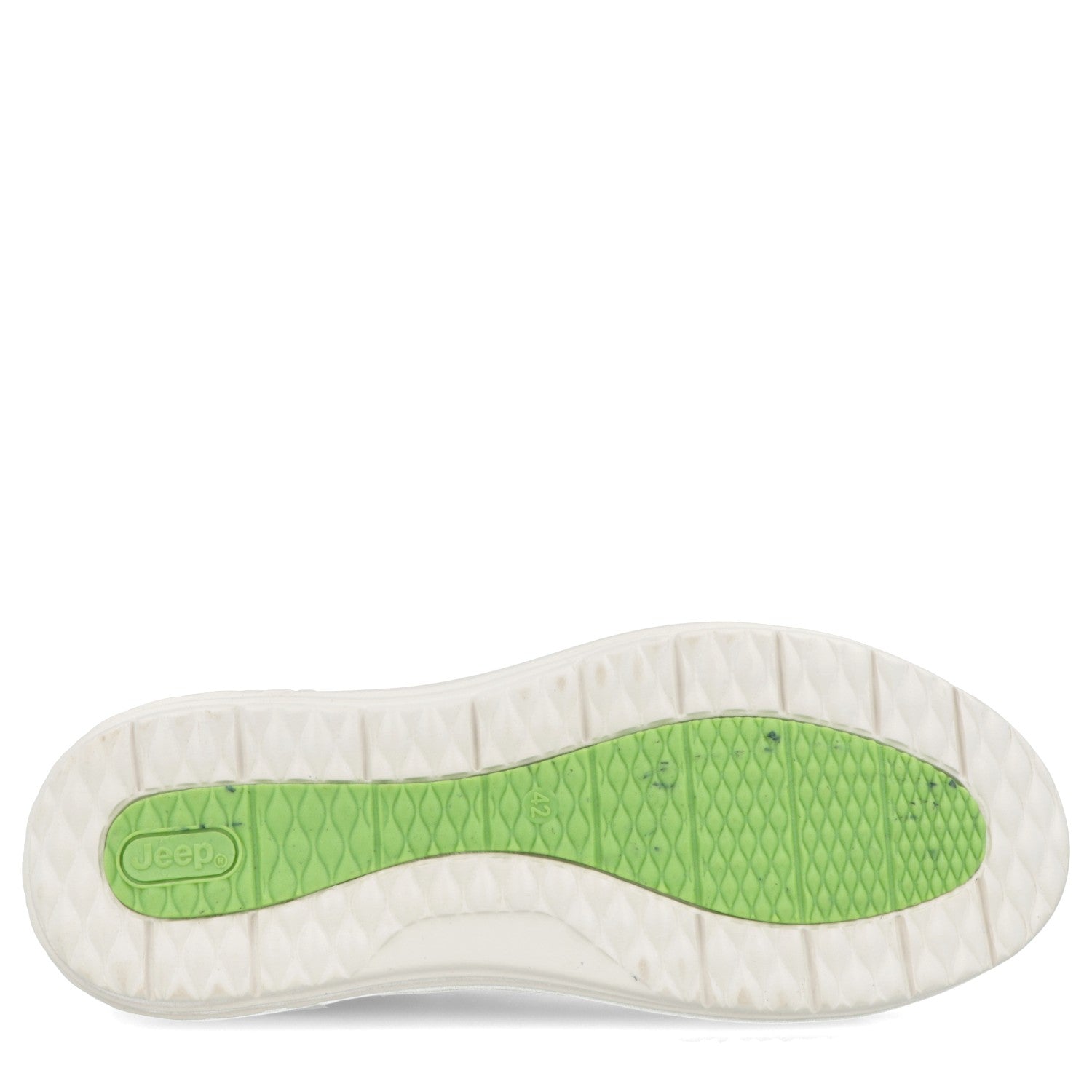 White and green shoe sole with Jeep logo